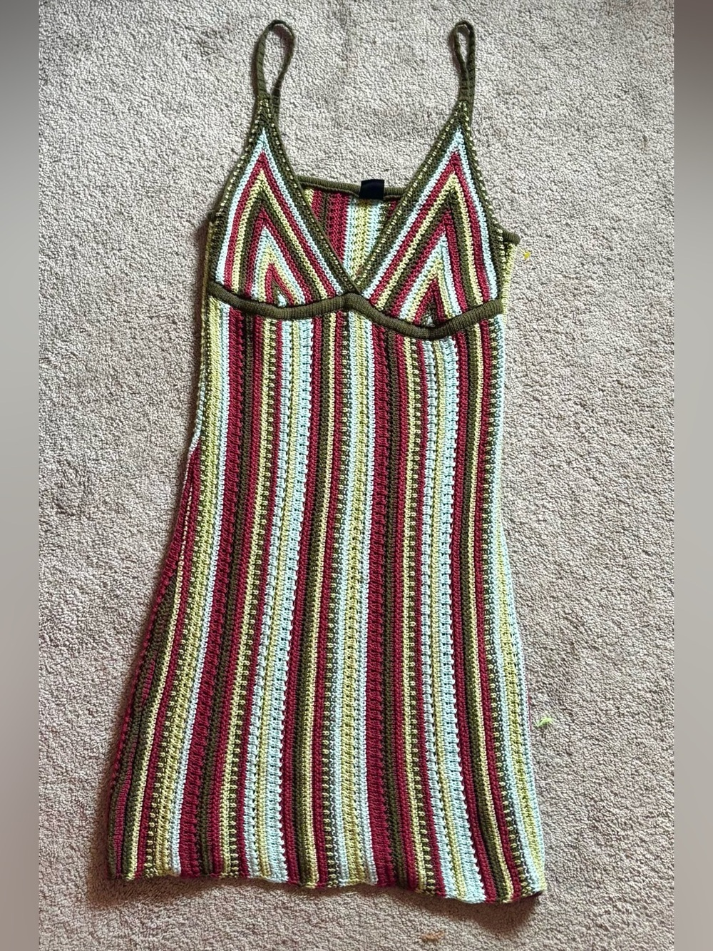 Urban Outfitters Striped Crochet Mini Dress in Olive, Red, Cream
